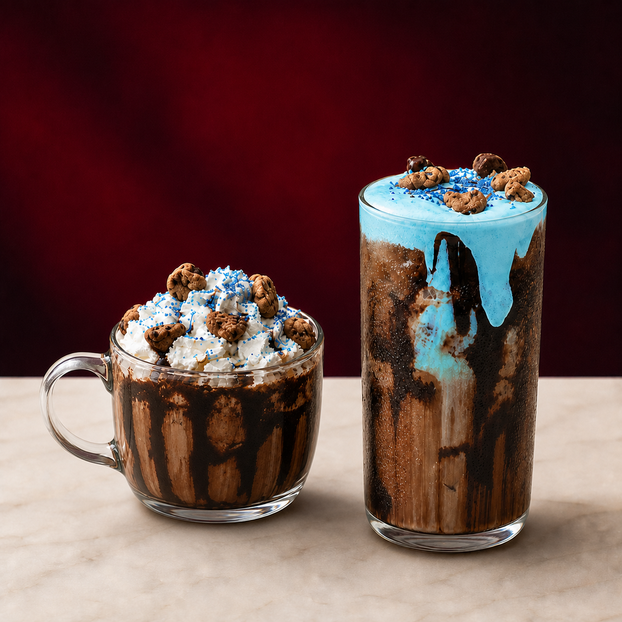 Hot and iced Blue Cookie Crumble signature drinks