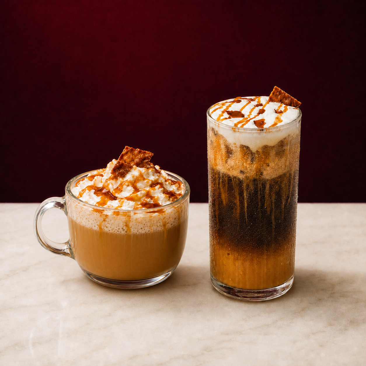 Hot and iced Caramel Brûlée signature drinks