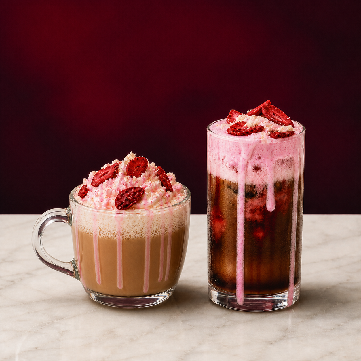 Hot and iced Strawberry Shortcake signature drinks
