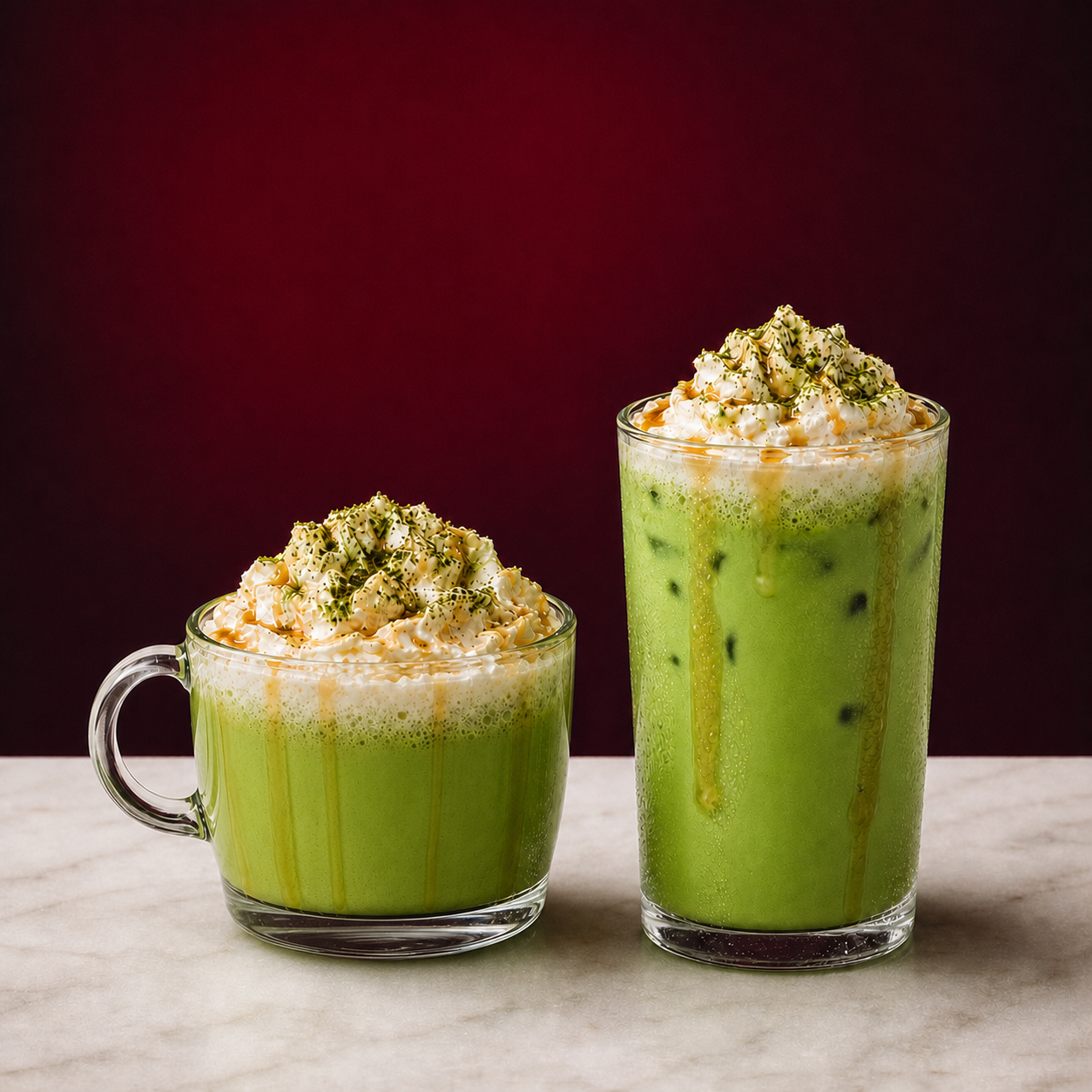 Hot and iced Vanilla Matcha Cloud signature drinks