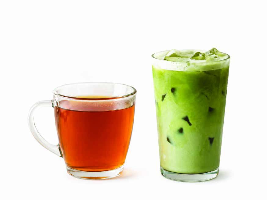 Hot tea and iced matcha latte